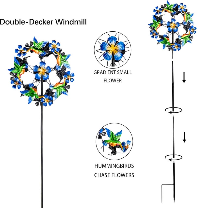 Senflame Double Blade Hummingbird Swivel Wind Spinners, Outdoor Garden Spinners 38inch Garden Stakes Decor, Metal Pinwheels for Yard and Lawn - Image 5